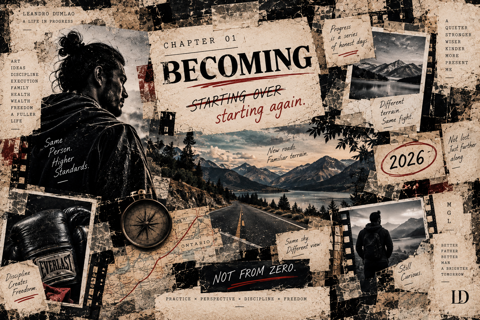 An editorial archive composition pairing mountain roads, maps and layered fragments with Chapter 01, Becoming, and the idea of starting again.