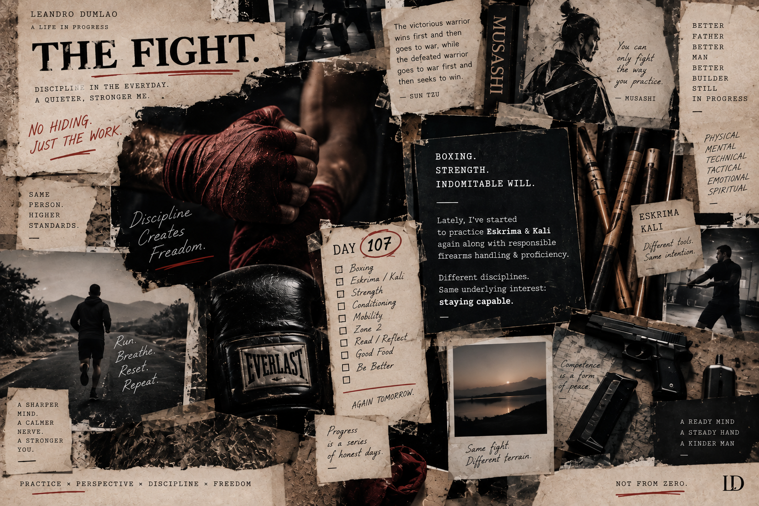 An editorial archive composition bringing together boxing practice, running, training tools and reflective fragments under The Fight.