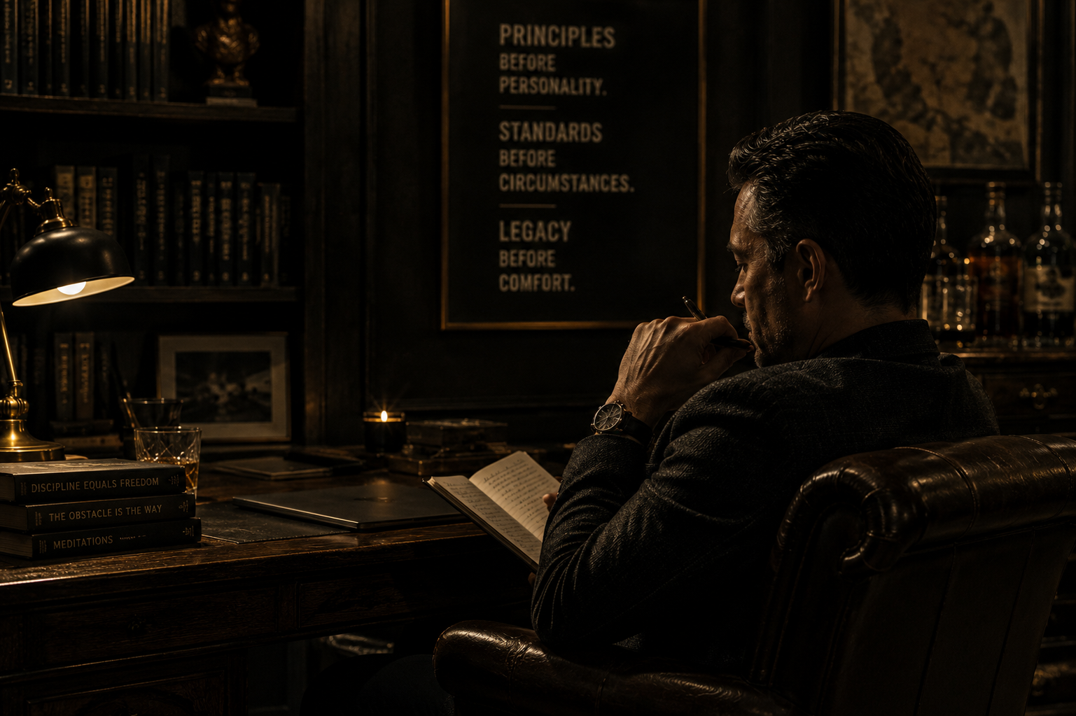 Man seated at a desk in a dark study.