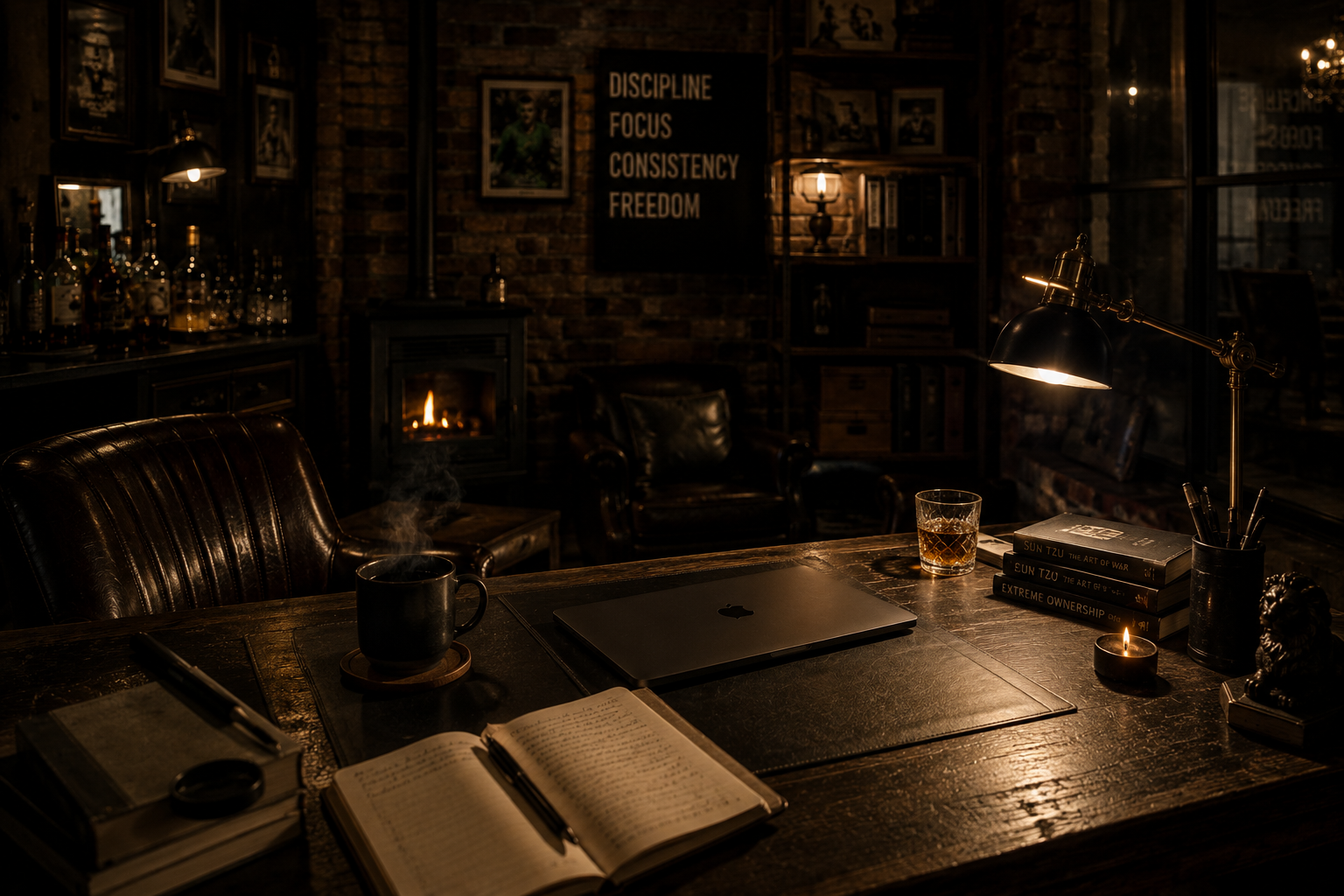 Dark wood workspace with desk and books.