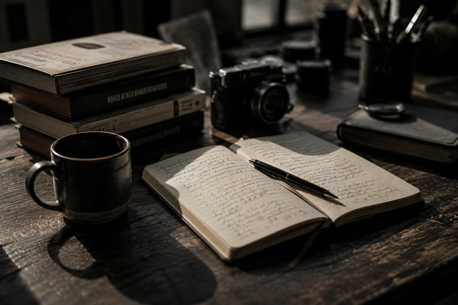 Open notebook beside a camera and coffee.