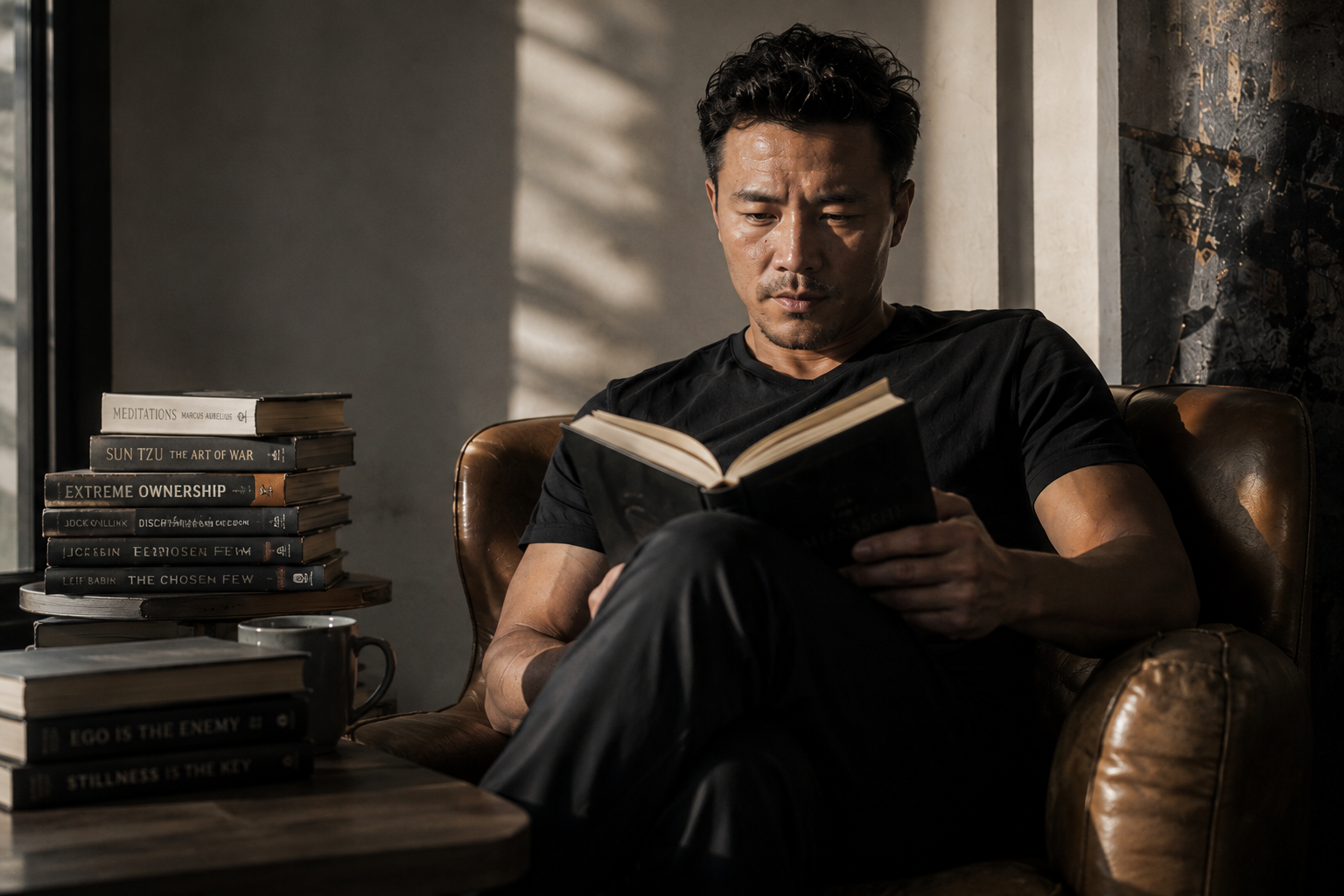 Leandro reading in a leather chair.